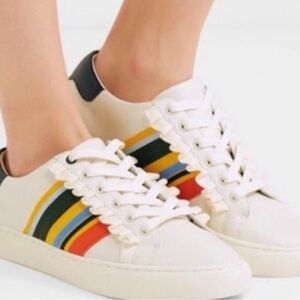 Tory Burch Sport Leather Sneakers with Multicolor Stripes